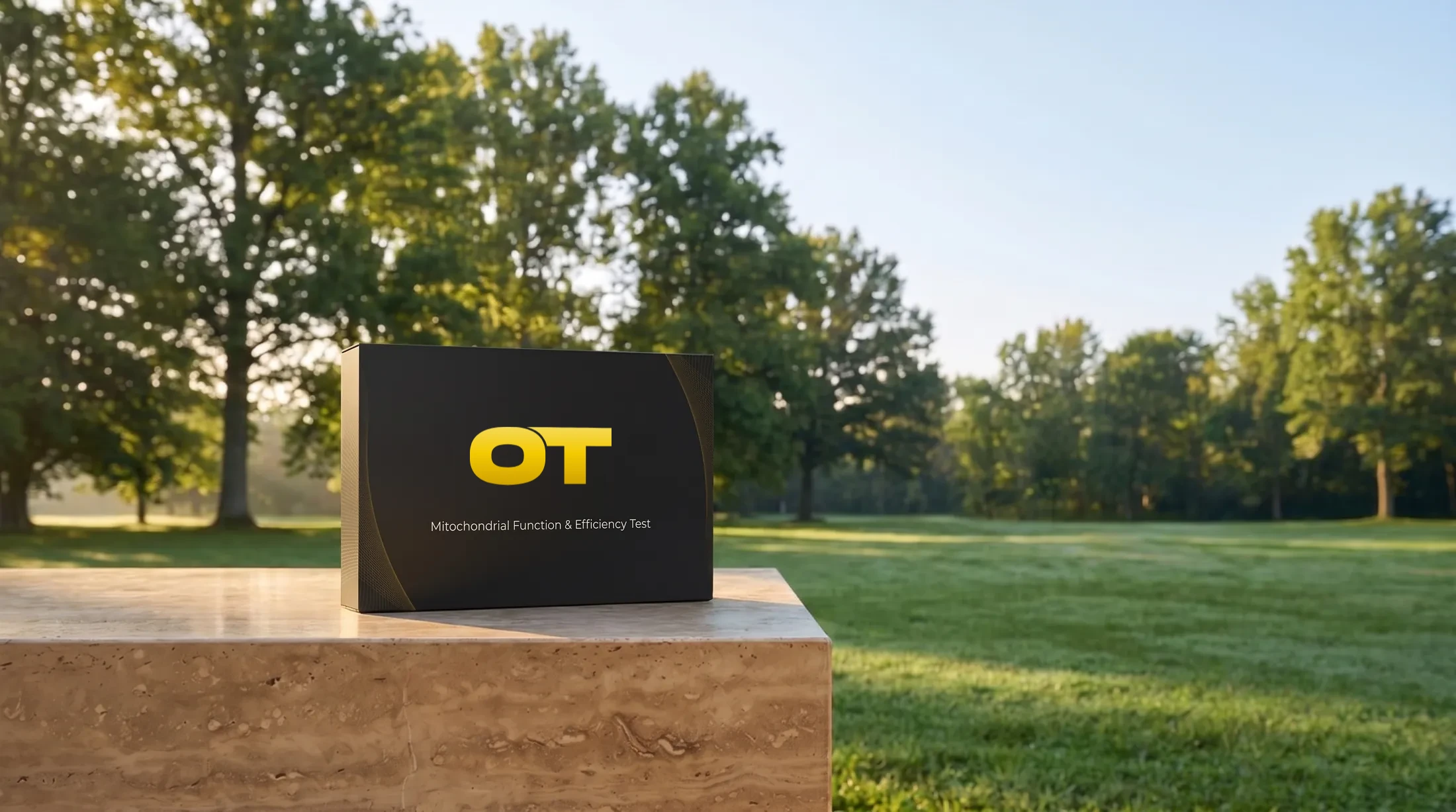 The OT mitochondria test kit standing on a stone block on a sunlit lawn