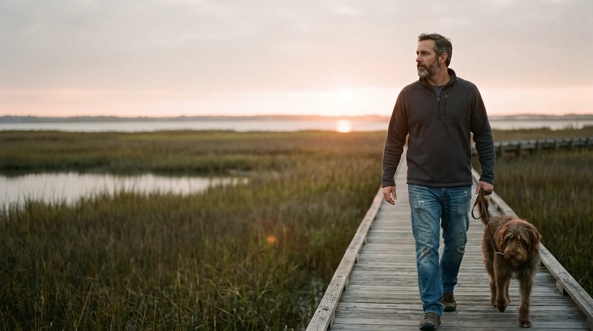 A man walking his dog along a marsh boardwalk at sunrise